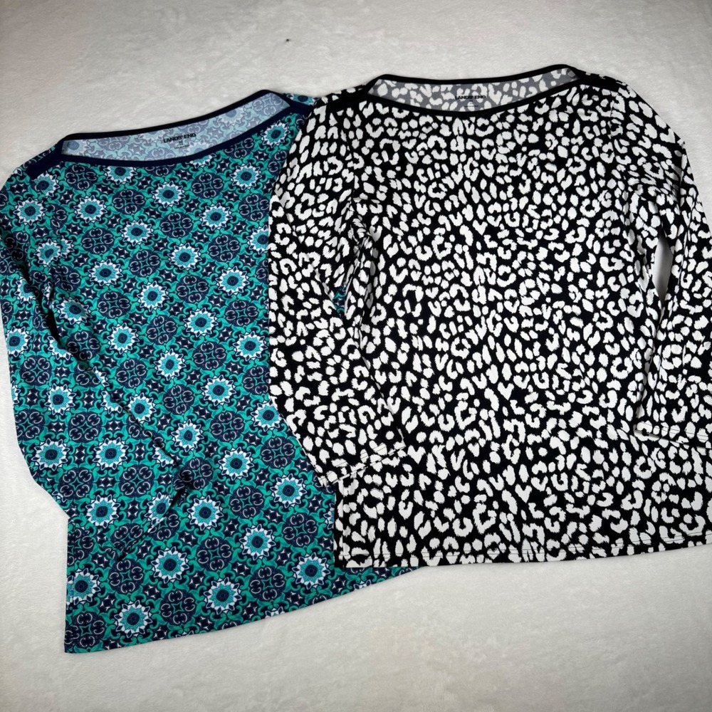 Lot of 2 Lands End Women's 3/4 Sleeve Active Swim Boatneck Top Leopard Medallion
